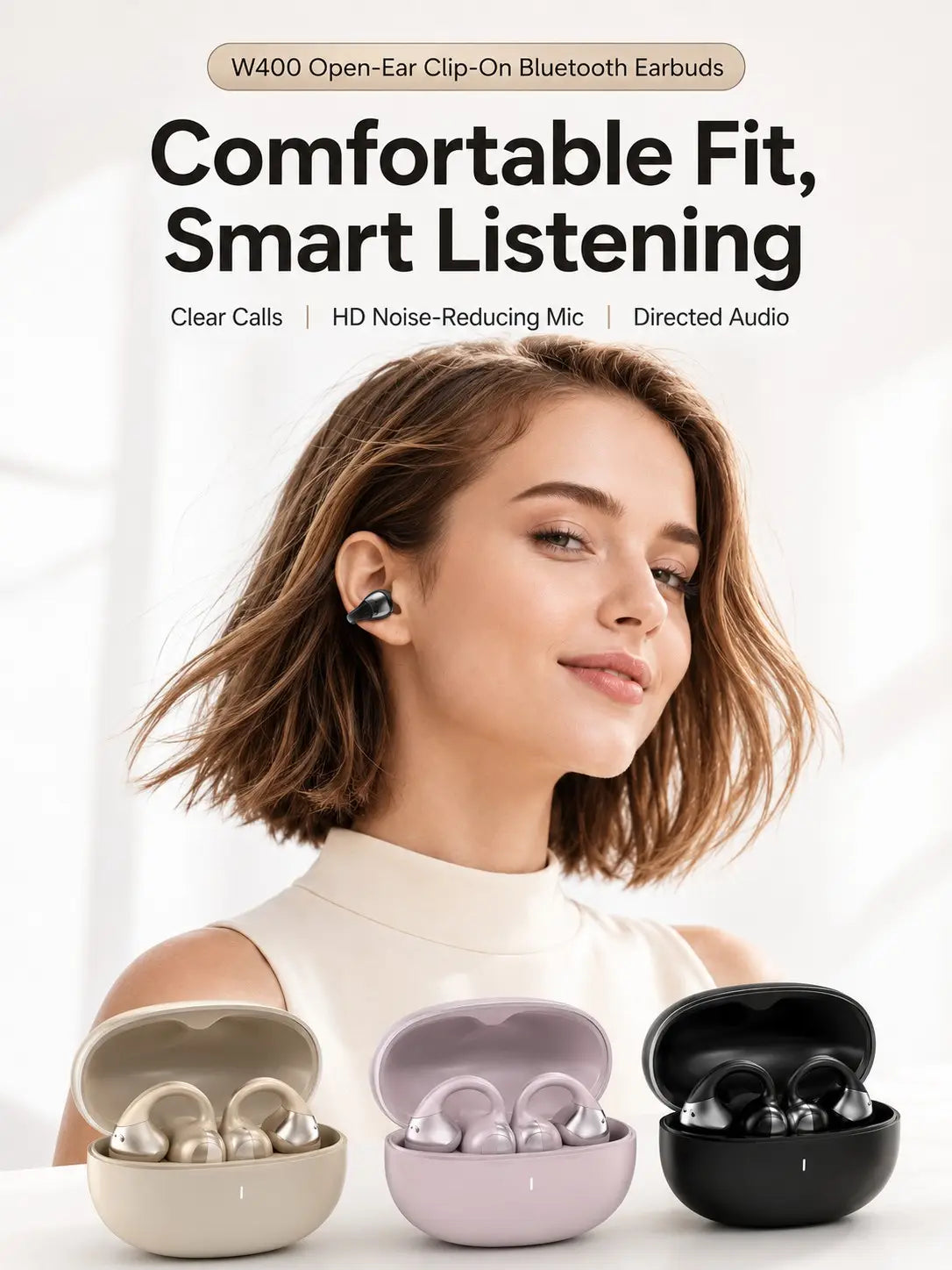 écouteurs Bluetooth à clip sur l’oreille ouverte W400 noir, avec contrôle tactile, reposant dans un étui de charge élégant à finition mate, au design minimaliste