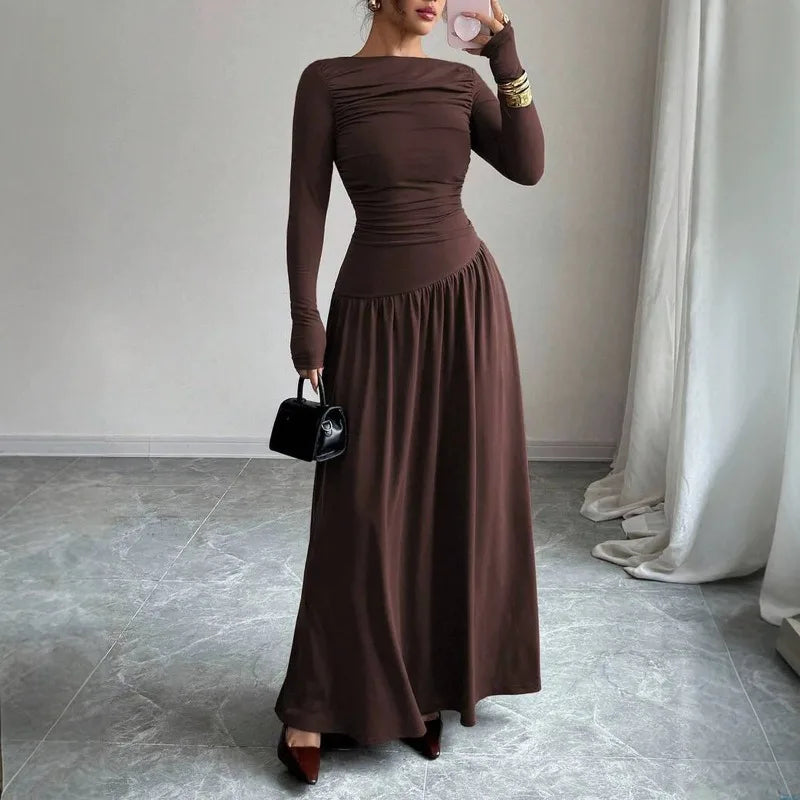 Elegant Women's Formal Dresses Modest Boat Neck Solid Color Long Sleeve Ruched Flowy Maxi Dress for Daily Evening Party Wear