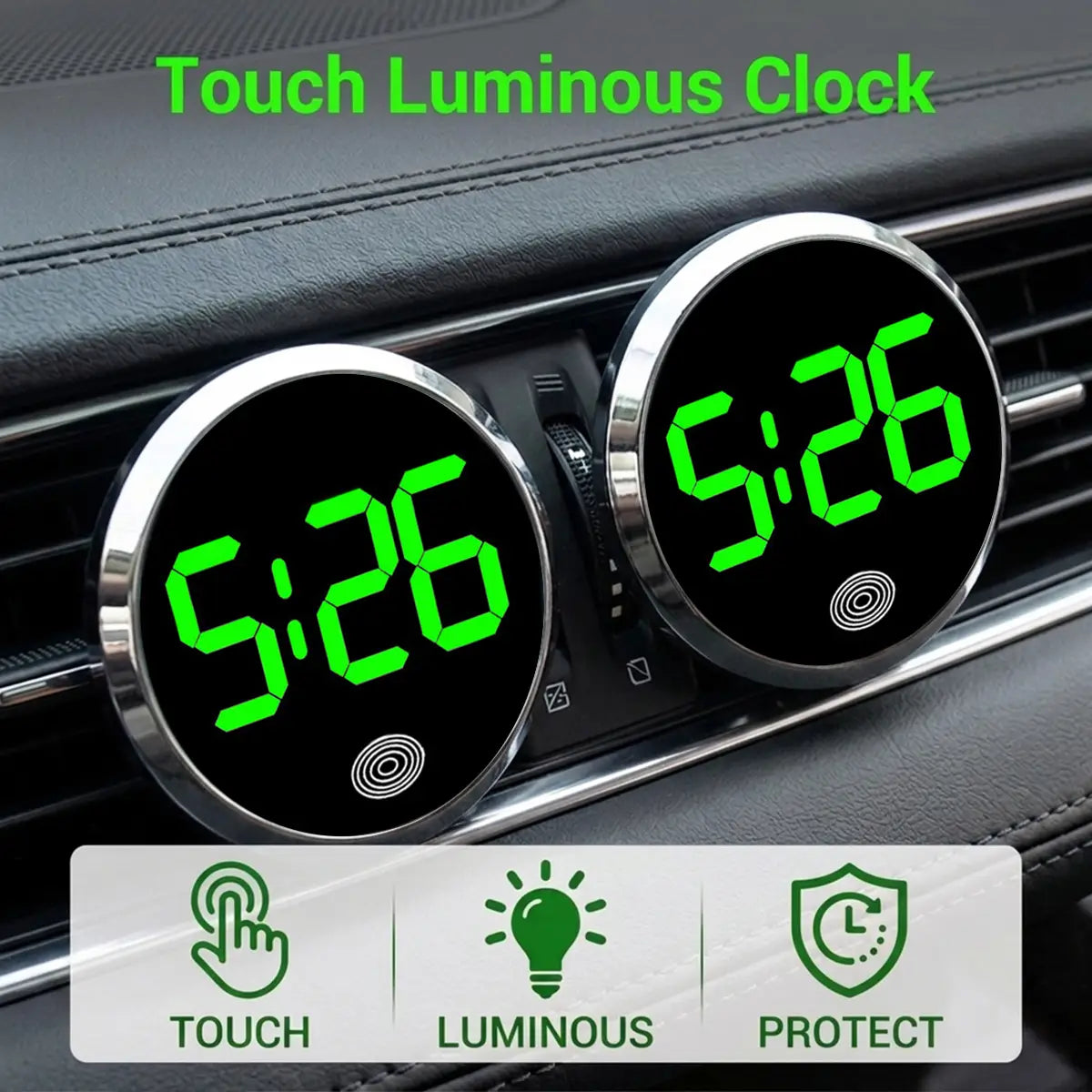 two circular car dashboard digital clocks with bright green led touch display numerals on black background and chrome bezels
