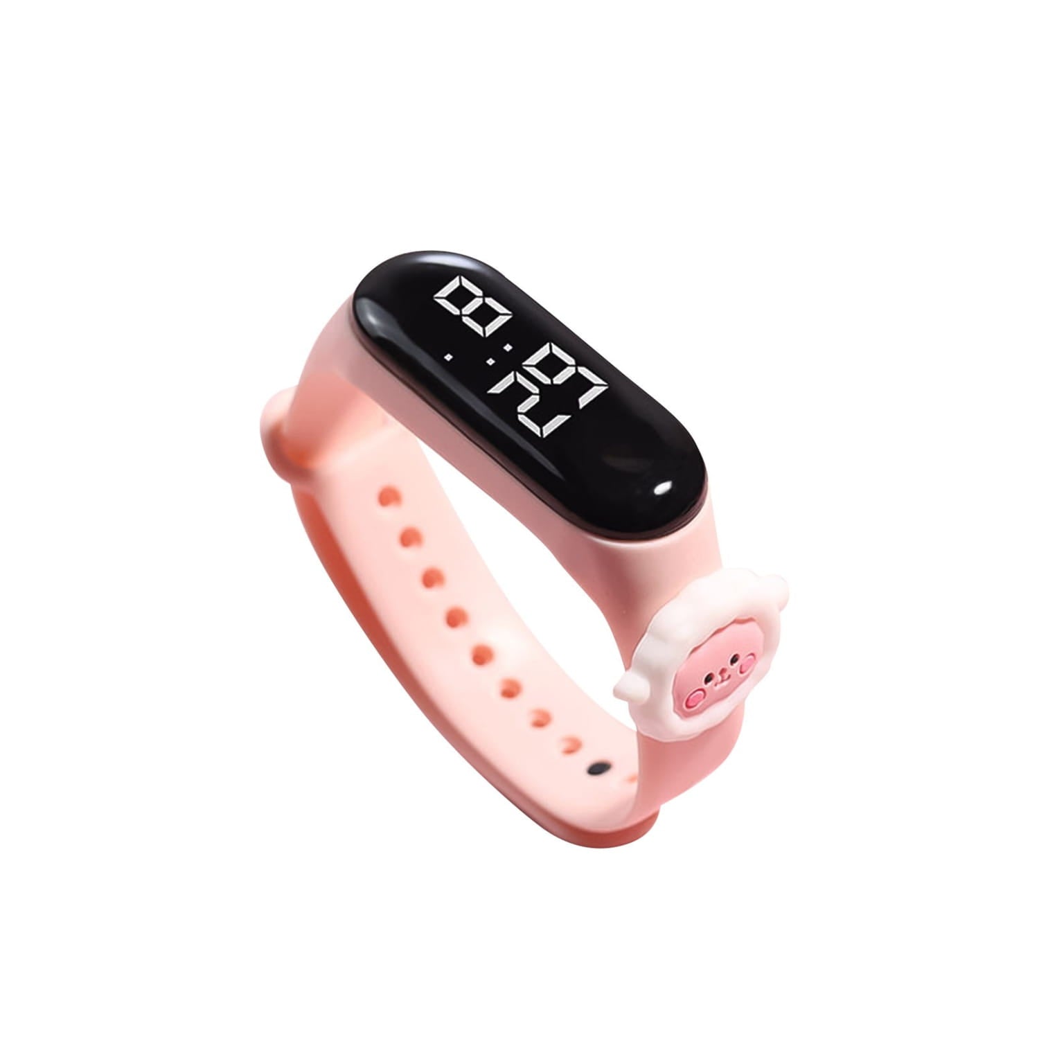 pink silicone wristband kids digital watch life waterproof with black digital display and cute pig face charm on the side