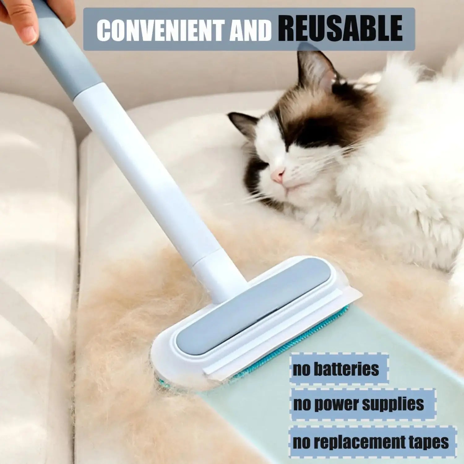 Light blue and white handheld reusable pet hair remover with a soft bristle head designed for removing pet hair from furniture and carpets.