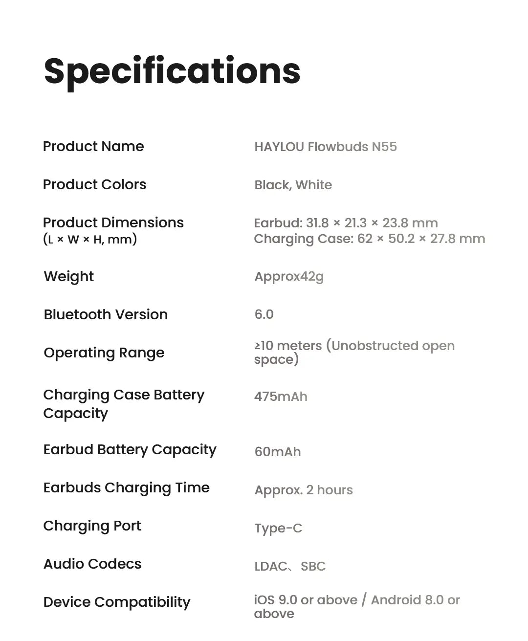 Écouteurs sans fil Haylou Flowbuds N55 noir et blanc au design élégant et compact, avec un étui de charge offrant une autonomie prolongée.