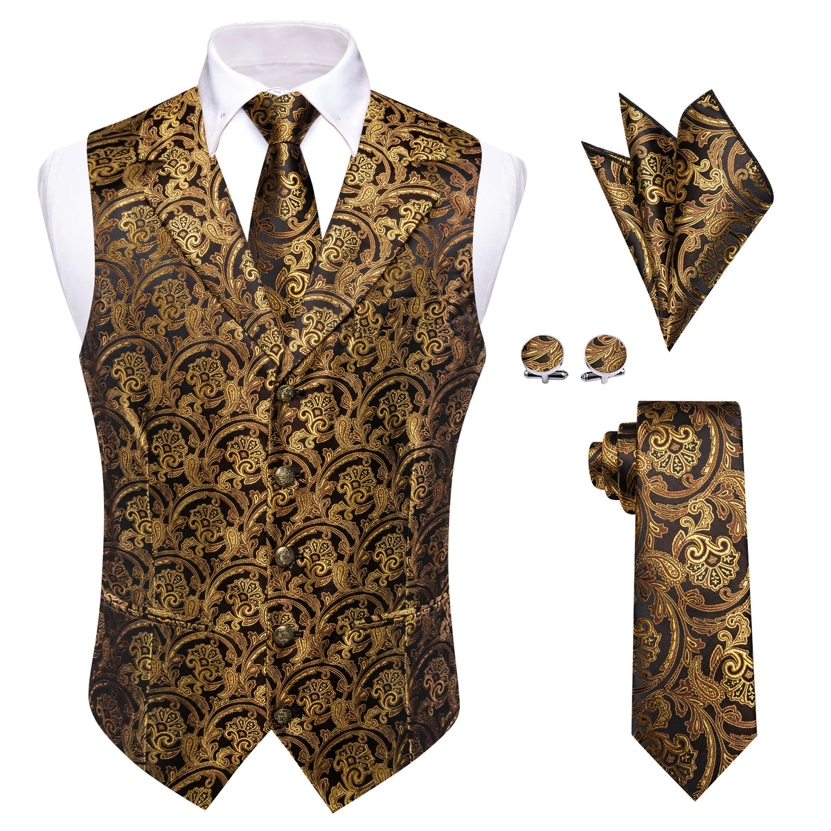 Mens Suit Golden Black Purple Orange Vest Tie Hanky Cufflinks Set Paisley Waistcoat for Male Wedding Busniess