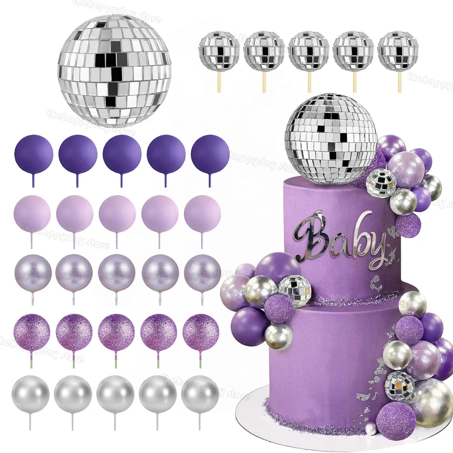 Pancarte de bienvenue personnalisée pour baby shower ronde sur panneau KT, dotée d’un ensemble de figurines de gâteau disco violet et argent, accompagné de ballons pailletés.