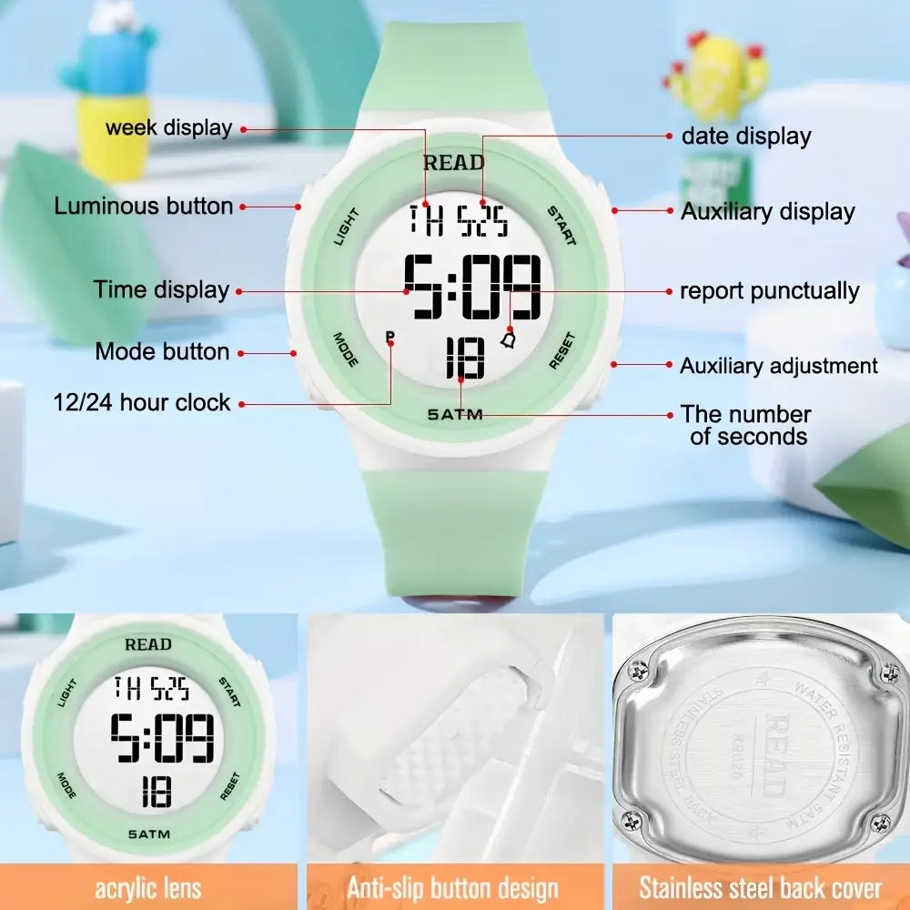 A mint green women digital led watch with a silicone strap and white face displaying time date and day designed as a waterproof sport timepiece.