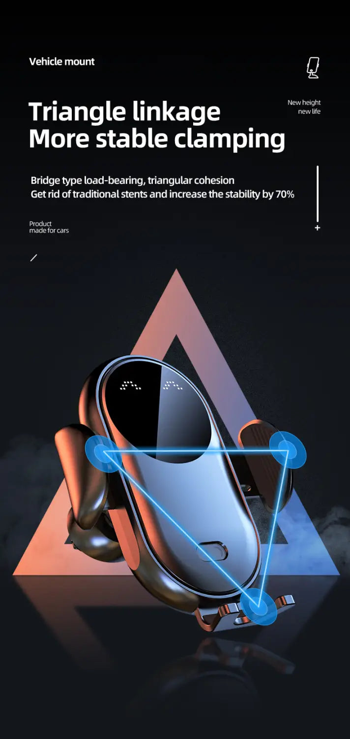 Black and silver triangular car wireless charger fast charging mount with sleek modern design for stable phone clamping.