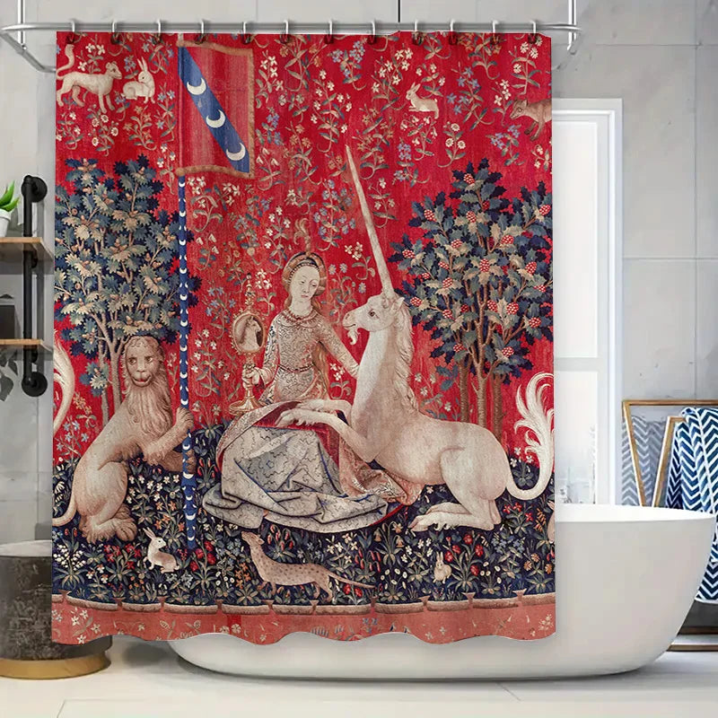 Red Floral Curtain with Medieval Tapestry Design for Bathroom Decor – Luxury Unicorn Bath Rug Shower Curtain Waterproof Home Dec