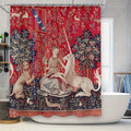 Red Floral Curtain with Medieval Tapestry Design for Bathroom Decor – Luxury Unicorn Bath Rug Shower Curtain Waterproof Home Dec