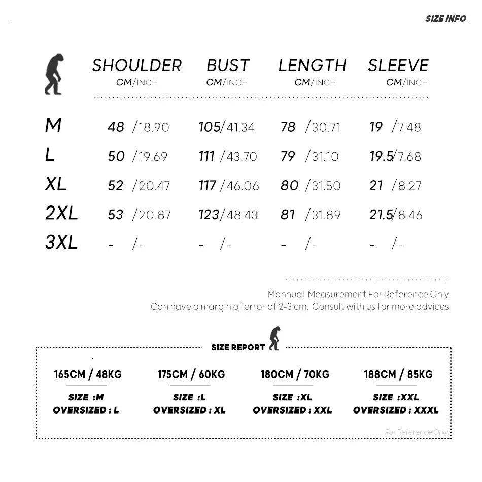 Size chart for a men oversized turtleneck t shirt casual streetwear showing measurements in centimeters and inches across sizes m to 3xl