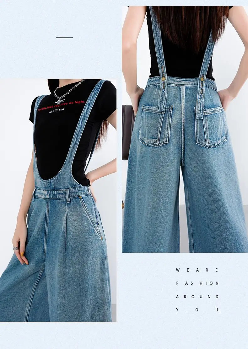 Women Denim Overalls Wide-leg Pants Spring Autumn New Loose Casual Korean Thin Straight Jeans Pants Suspenders Straps Jumpsuit