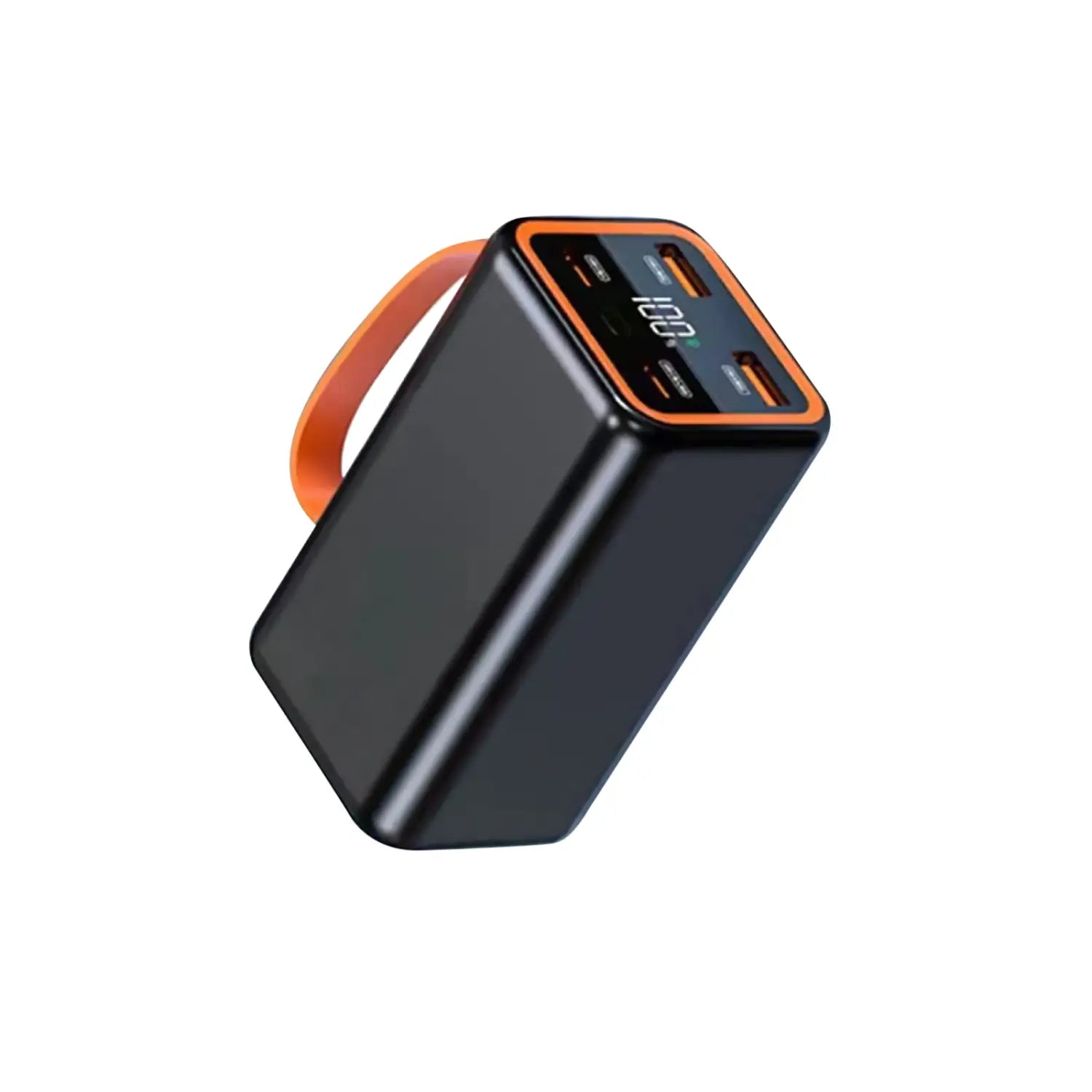 black rectangular power bank case with orange accents and lcd display showing 100 percent charge featuring multiple usb ports designed for 4x 21700 batteries