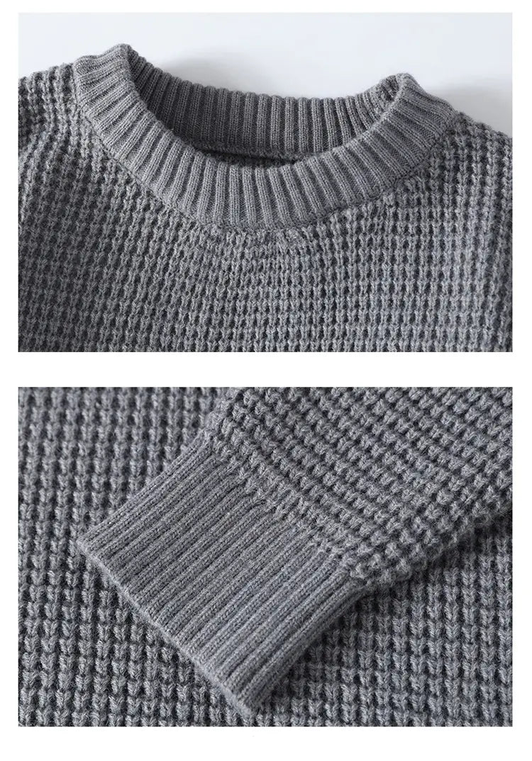Moownuc Herren-Waffelstrick-Pullover im lässigen Stil in Grau mit Waffelstrick-Textur, geripptem Rundhalsausschnitt und Bündchen.