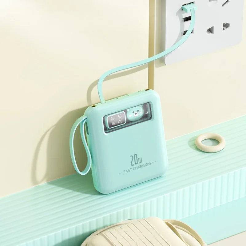 Portable 20W Power Bank Built-in 4 Cables Digital Display Mini External Battery with Lanyard Travel Charger for IPhone Huawei