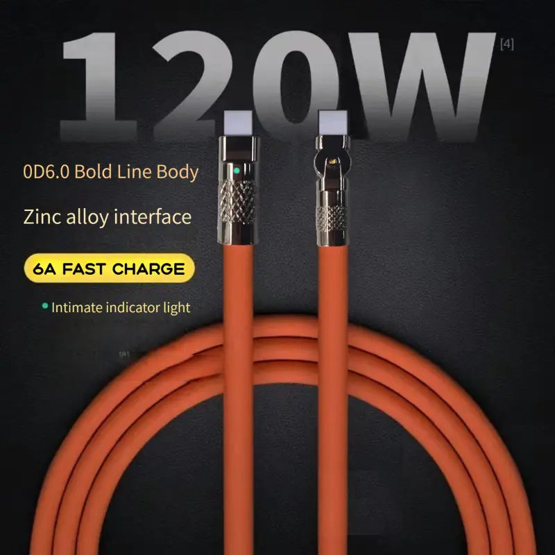 Oranges 120-W-Rotations-Silikon-USB-C-Kabel mit Zinklegierungs-Steckverbindern und einer grünen Anzeigeleuchte.