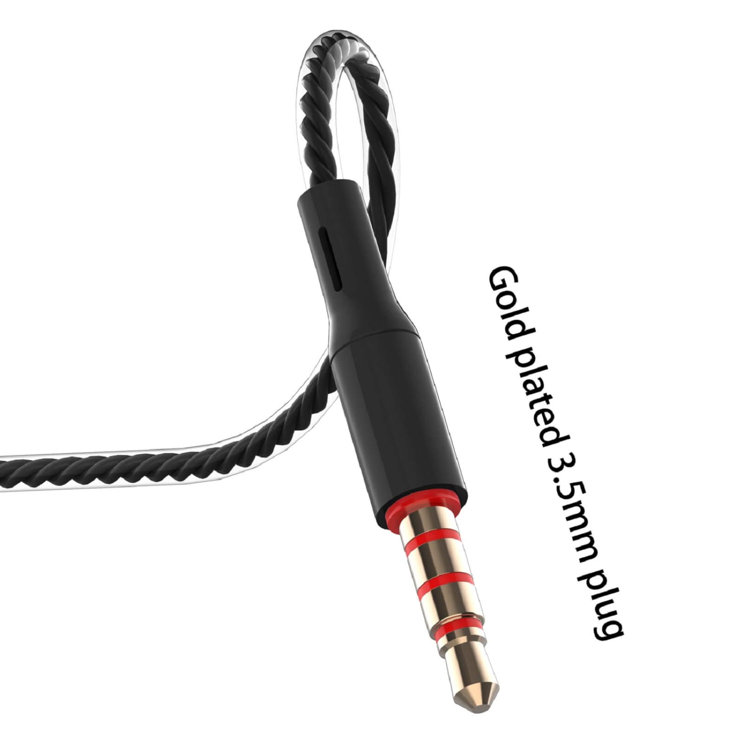 Schwarzes geflochtenes Audiokabel mit vergoldetem 3,5-mm-Stecker, mit roten Akzentringen und schwarzem Anschlussgehäuse für 3,5-mm-Kabel-In-Ear-Kopfhörer mit Mikrofon.