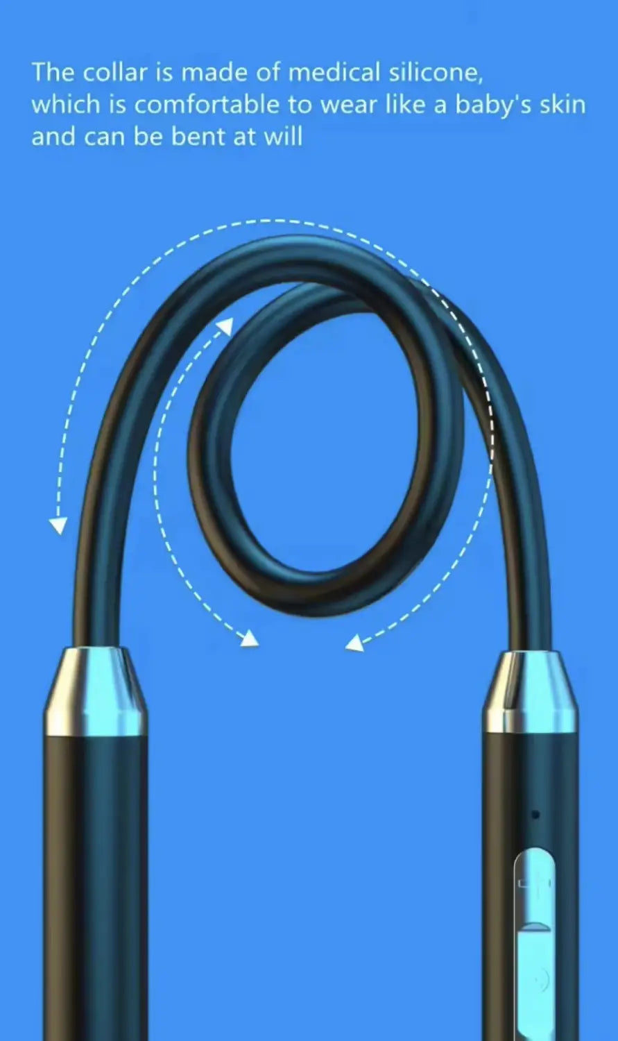 Schwarze Wireless-Nackenband-Gaming-Ohrhörer aus medizinischem Silikon mit silberfarbenen, metallischen Enden und Bluetooth-LED-Funktionalität.