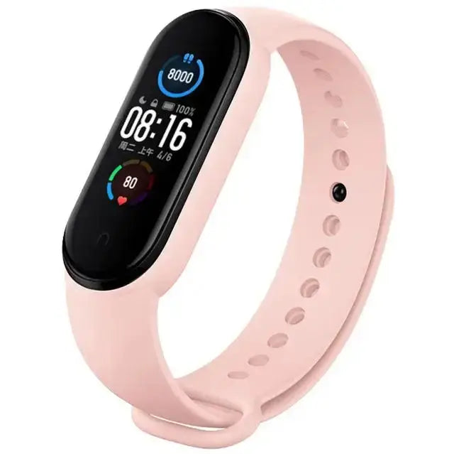 Xiaomi Mi Band wristband silicone bracelet in pink with a black rectangular screen displaying time and health metrics.