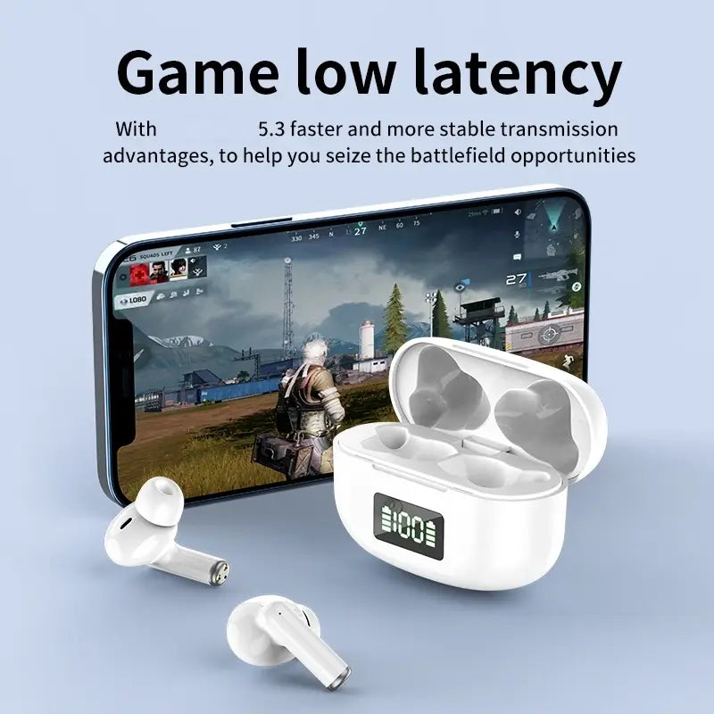 White wireless earbuds with active noise cancelling and Bluetooth 5.3 feature a sleek minimalist design and a matching white charging case with an LED display.