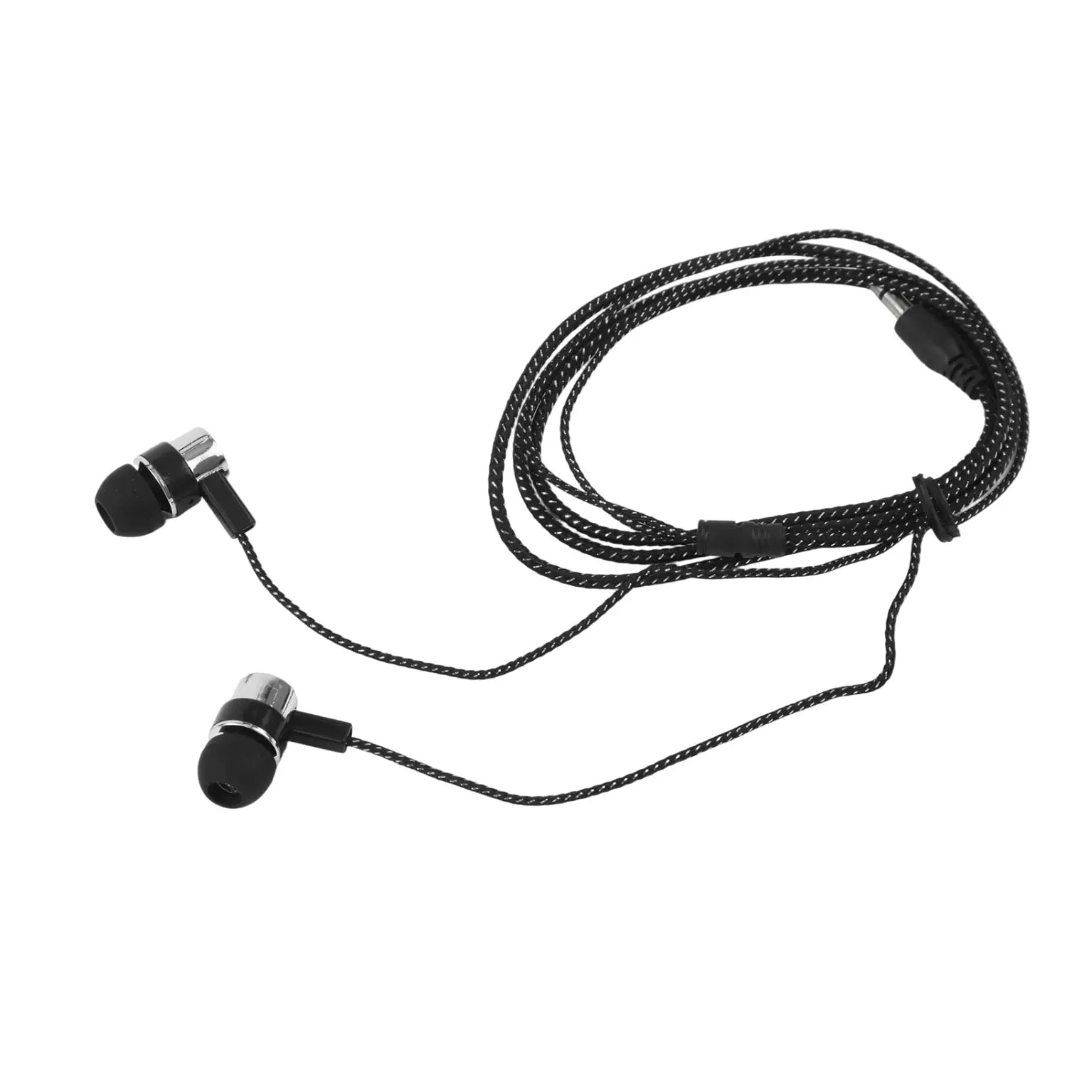 Schwarze und silberne Bass-Stereo-Kopfhörer für den In-Ear-Bereich mit geflochtenem Kabel und Lautstärkeregelung mit 3,5-mm-Stereo-Kopfhöreranschluss