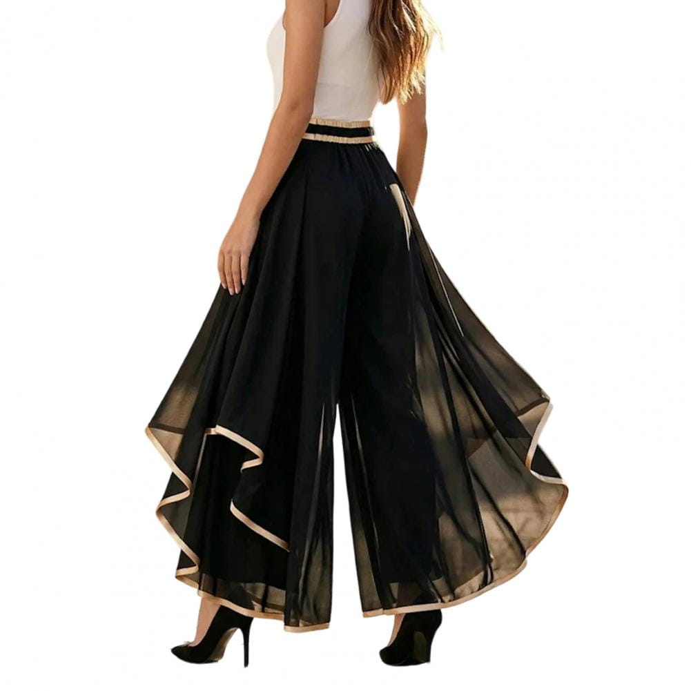 Black sheer chiffon high waist wide leg pants with gold trim and a layered ruffle hem suitable for summer wear.
