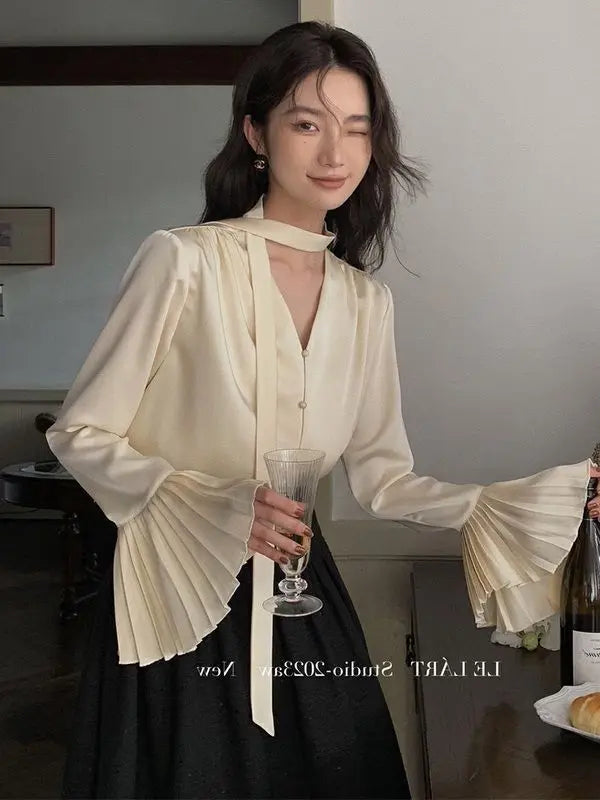 Piano Sleeves and Ribbon Shirts for Women Spring New Design Sense Niche Satin Top Loose and Versatile Shirt