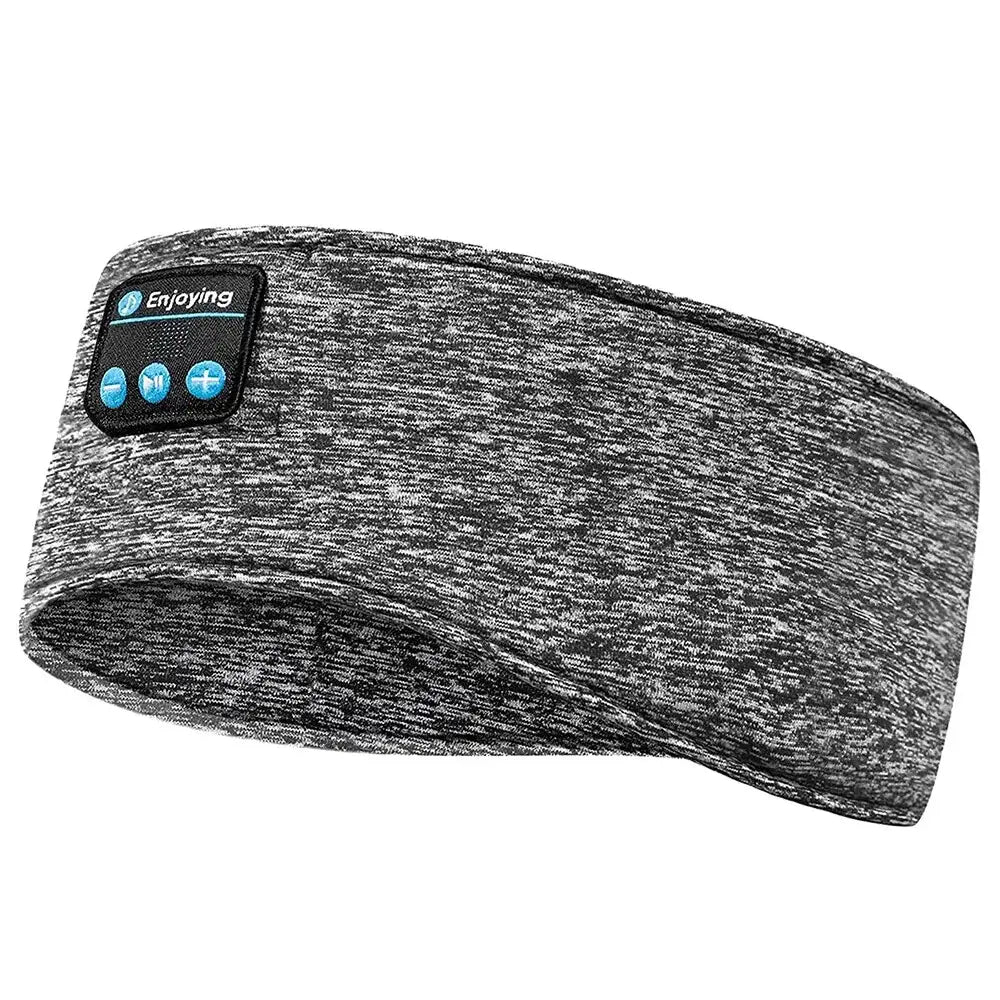Graues meliertes Stoff-Bluetooth-Schlafstirnband mit schwarzem Bedienfeld, das blaue Tasten aufweist, sowie dem Wort „enjoying“ in Teal-Design für kabellose Sportkopfhörer in Schwarz.