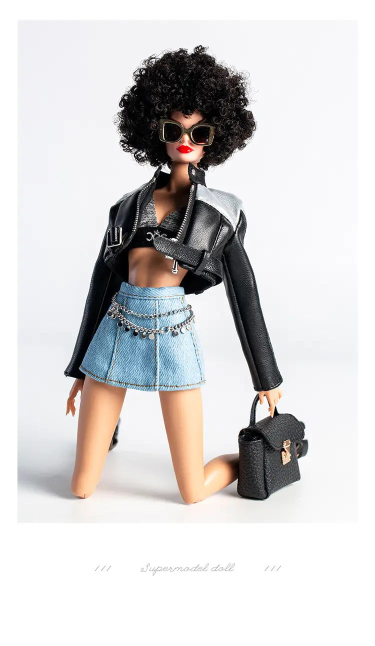 Black leather jacket with silver zipper accents worn by a doll in a futuristic retro doll outfit for 30cm 1/6 models.
