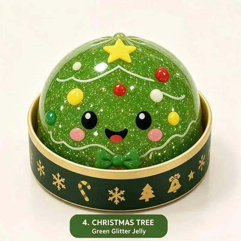 A cheerful green glittery christmas tree-shaped jelly squeeze toy with a yellow star colorful ornaments and a bow tie designed for stress relief and christmas party fun.