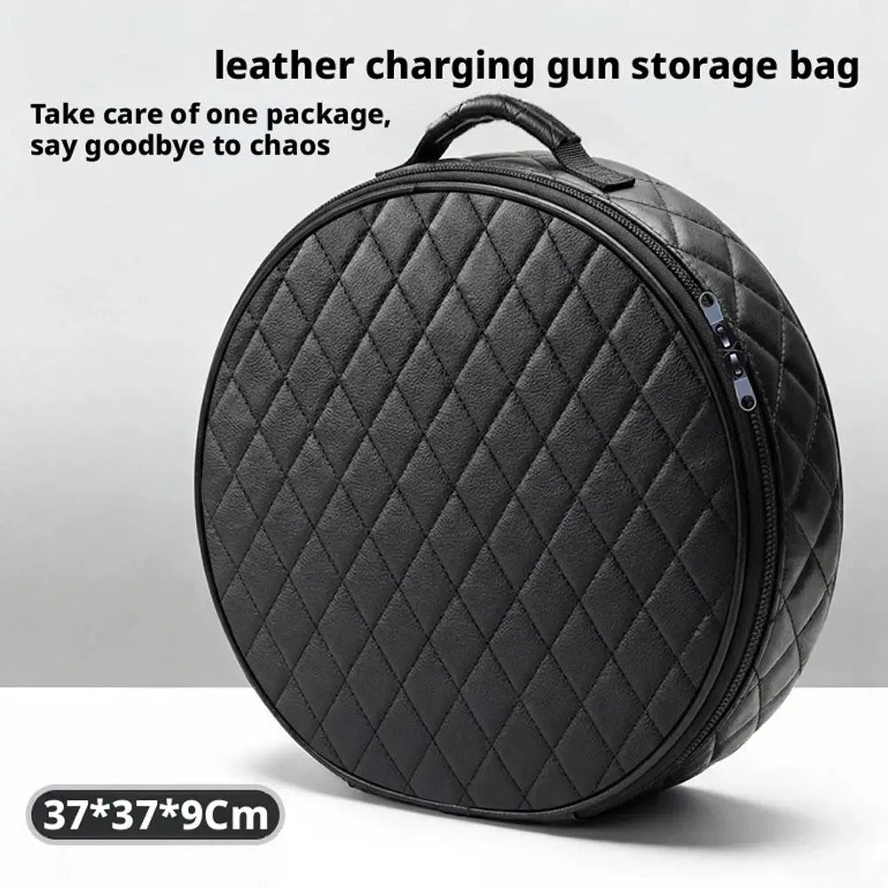 Bolsa de almacenamiento de cables de carga para vehículos eléctricos, de cuero acolchado negro, con asa superior y cierre con cremallera, diseñada como organizador para el automóvil.
