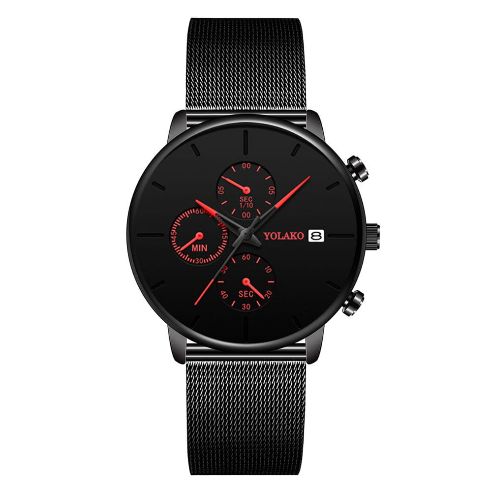 Montre à quartz chronographe ultrafine noire à maille noire pour hommes, avec un cadran chronographe Yolako noir, des accents rouges et un bracelet en métal de maille.