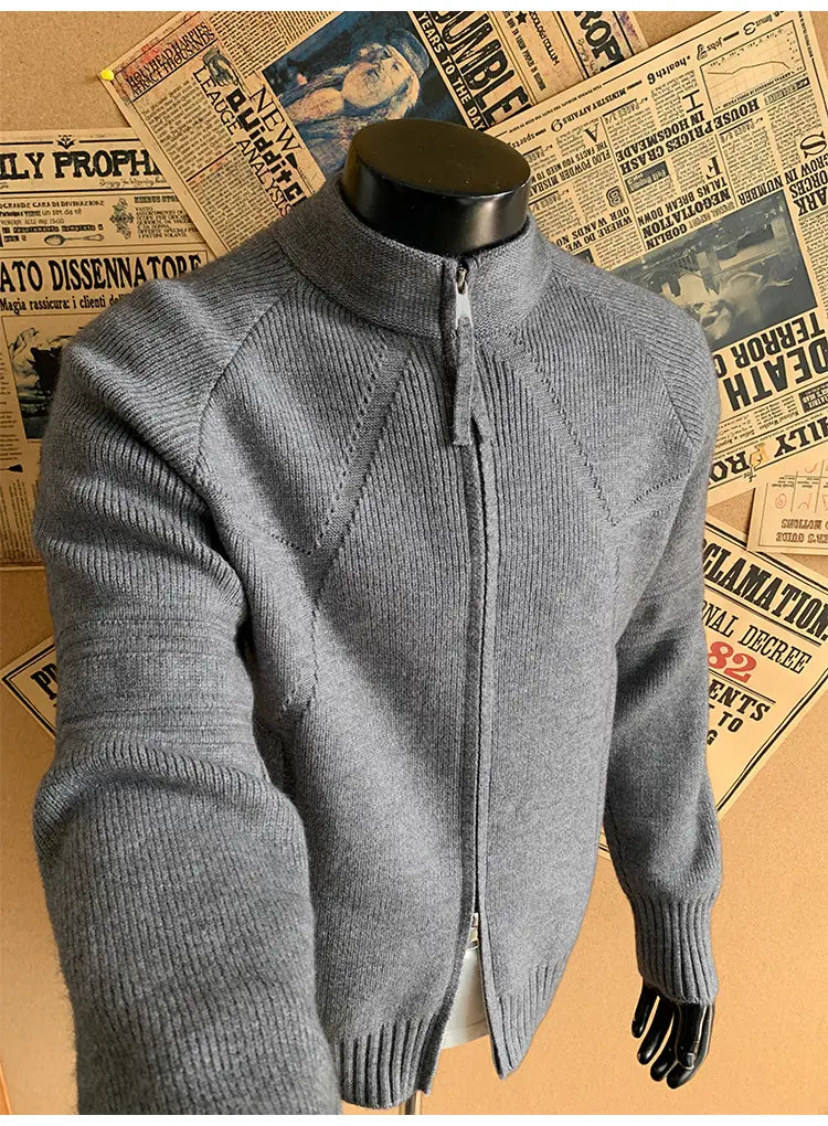 gray ribbed knit full zip sweater with a high collar and textured pattern available in size shoulder chest length from m to 3xl