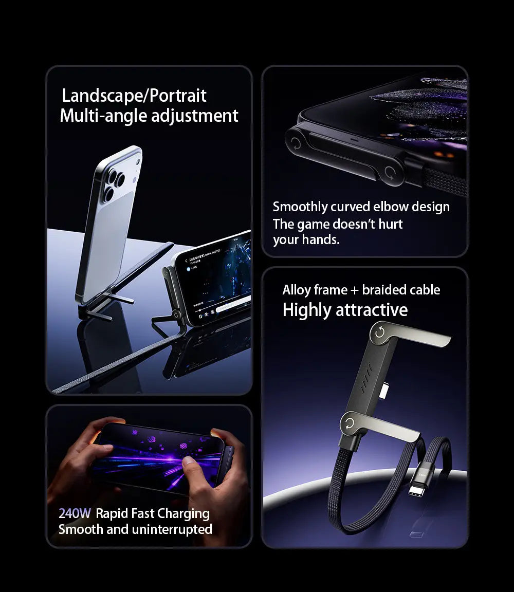 Silver alloy phone stand with a curved elbow design paired with a braided black 65w USB C fast charging cable and phone holder