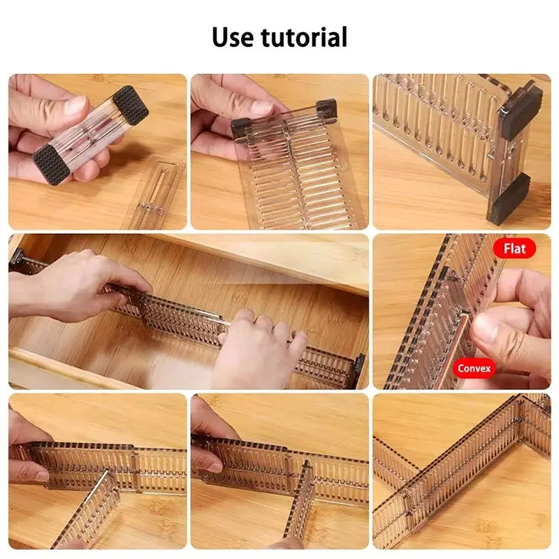 Séparation de tiroir en plastique transparent, lot de 1 paire, avec extrémités en caoutchouc noir et conception en forme de grille pour un rangement de tiroir réglable.