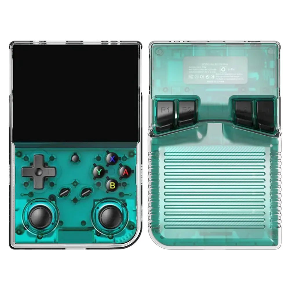 teal translucent anbernic rg 35xxpro handheld game console with black buttons and dual analog sticks protected by a transparent tpu protective case