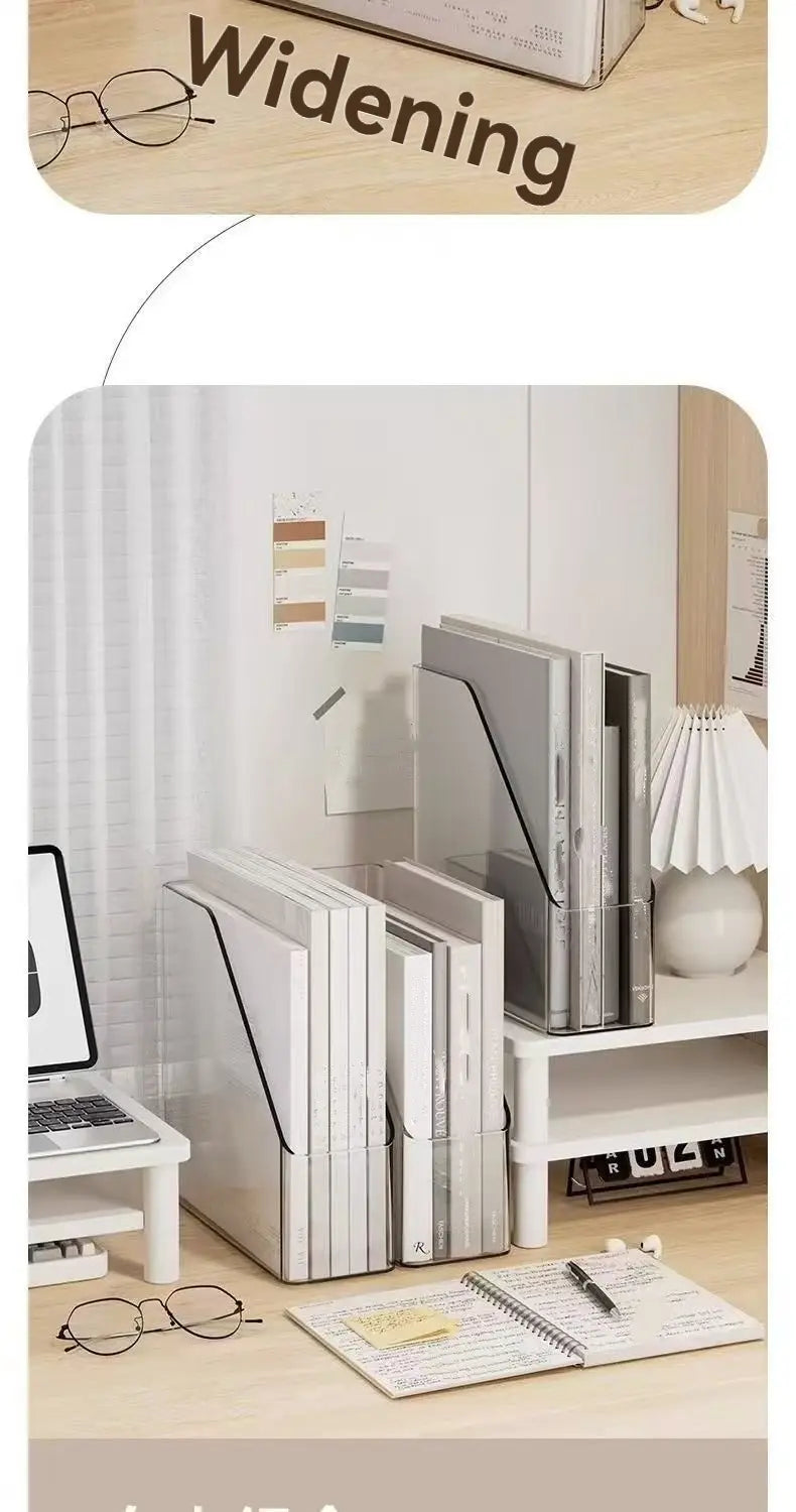White plastic file folder stand with a sleek minimalist design for acrylic desktop book stand and file organizer.