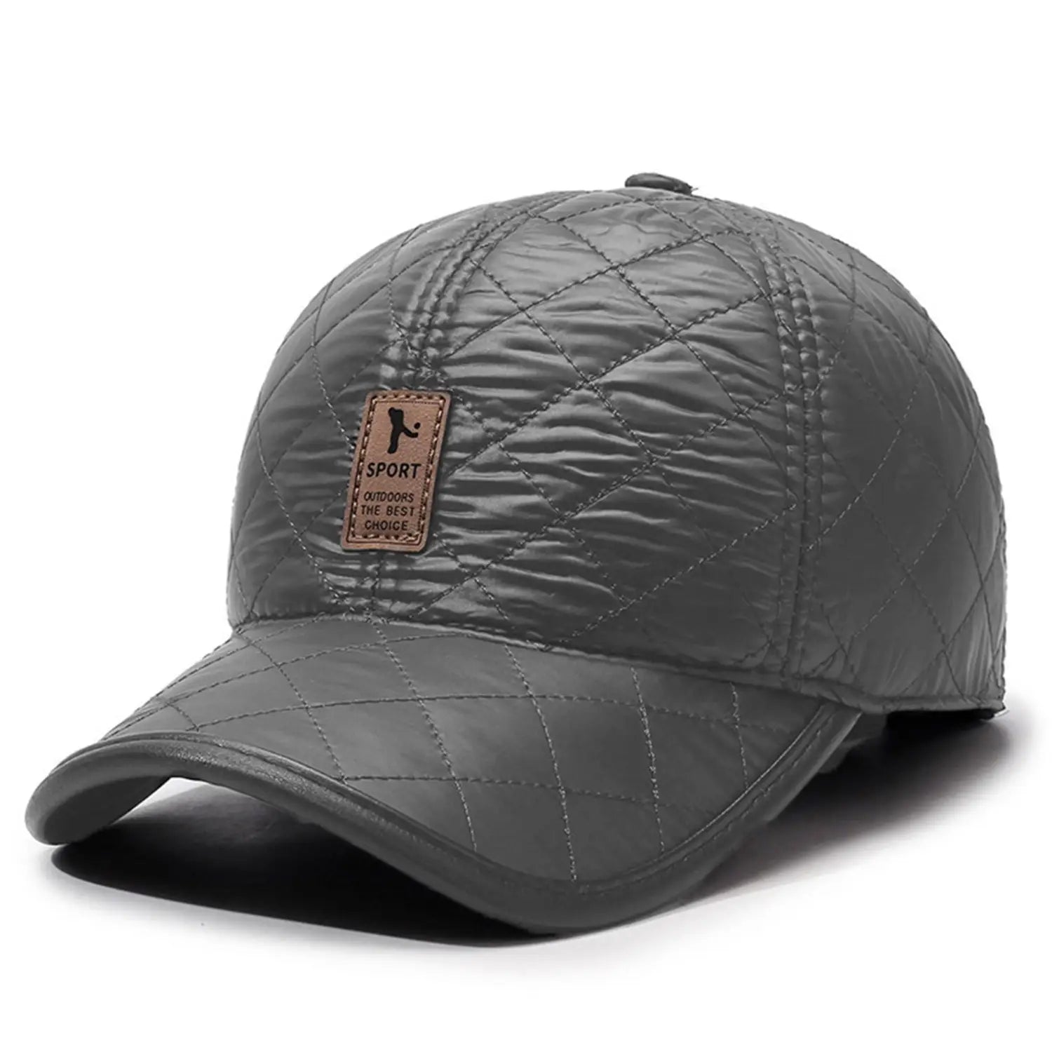 Casquette de baseball matelassée grise avec rabats d’oreilles chauds et écusson en cuir marron, affichant le texte « sport outdoors the best choice », idéale comme bonnet de Noël et pour les sorties en extérieur.