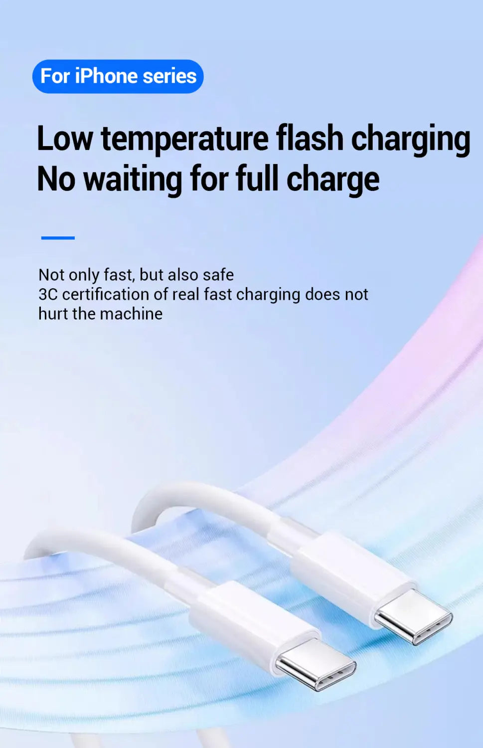 white usb-c to lightning fast charging cable designed for iphone series with low temperature flash charging technology
