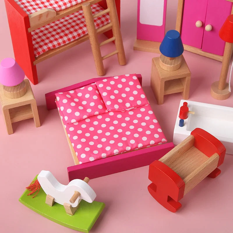 Wooden Mini Furniture Sets Kids Children House Play Toy - Bedroom, Living Room, Kitchen, Bathroom Accessories Boys Girl Gifts