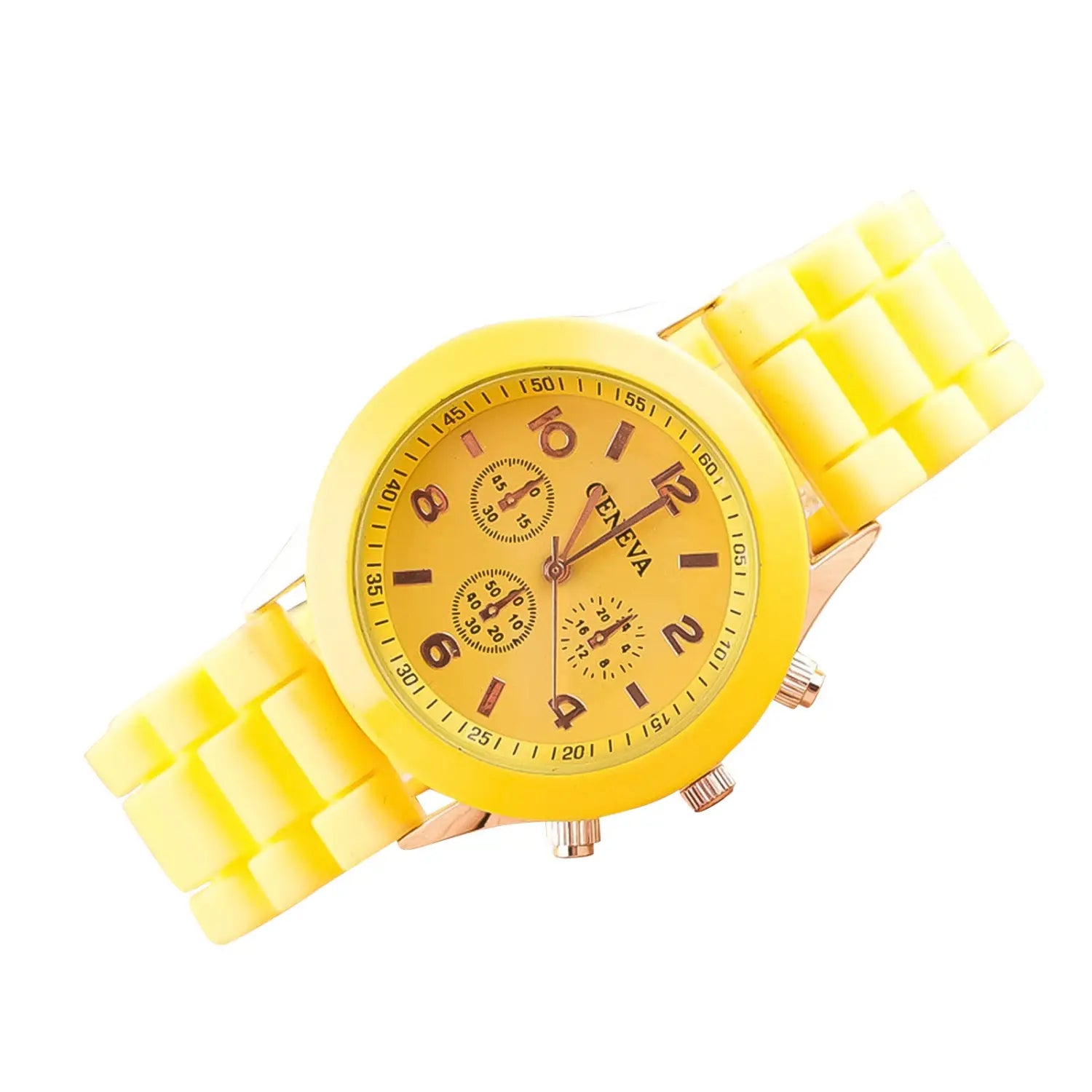 Women silicone quartz watch fashion chronograph with bright yellow silicone strap, rose gold-tone accents, and matching dial featuring black numerals.
