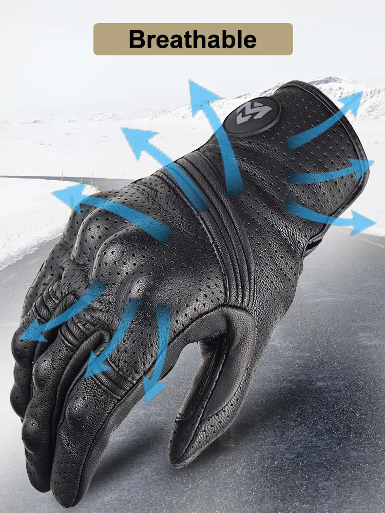 Gant de moto pour homme en cuir noir avec design perforé respirant, présenté côté arrière.