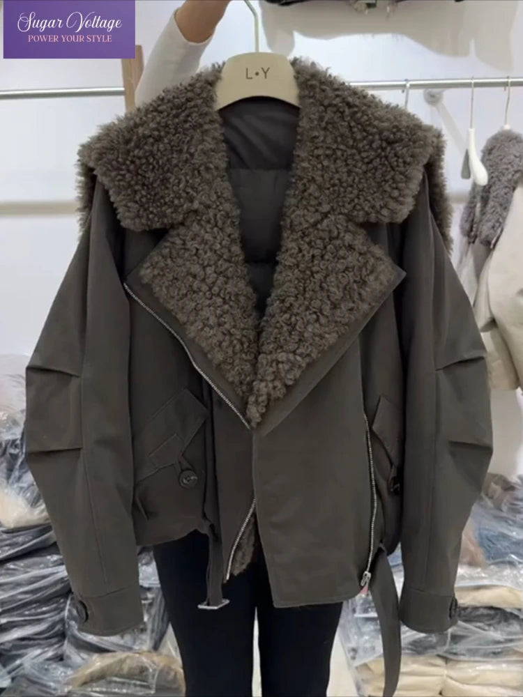 Winter Fashion Faux Fur Collar Padded Jacket Women Army Green Oversized Warm Thick Coat Drawstring Waist Streetwear Chic Tops
