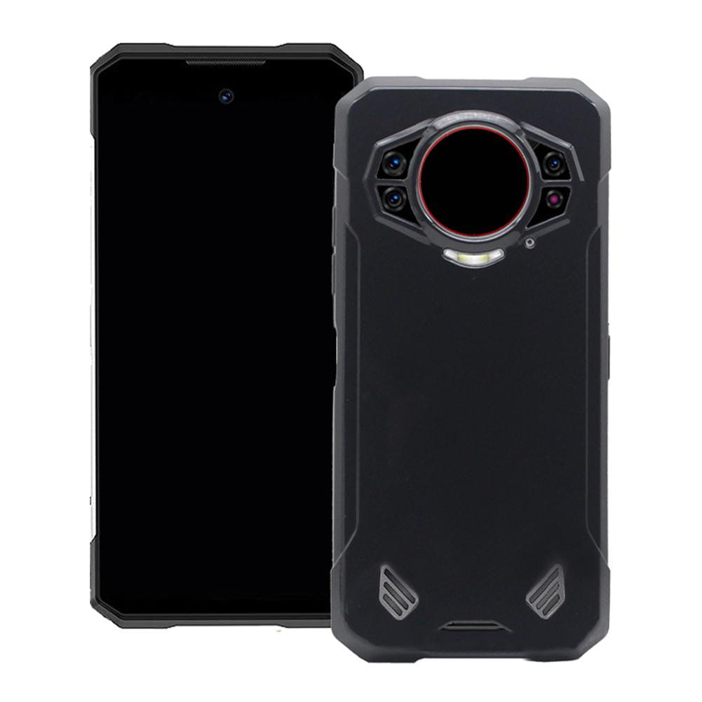 Imagen de la parte posterior de la funda resistente para teléfono Doogee S200 5G negra, que presenta un módulo de cámara con alojamiento circular y un diseño texturizado angular.