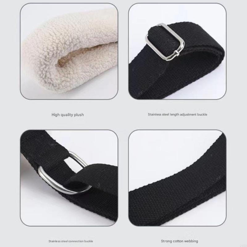 Adjustable pilates straps featuring a black strap with plush lining and stainless steel buckles for enhanced comfort and durability.