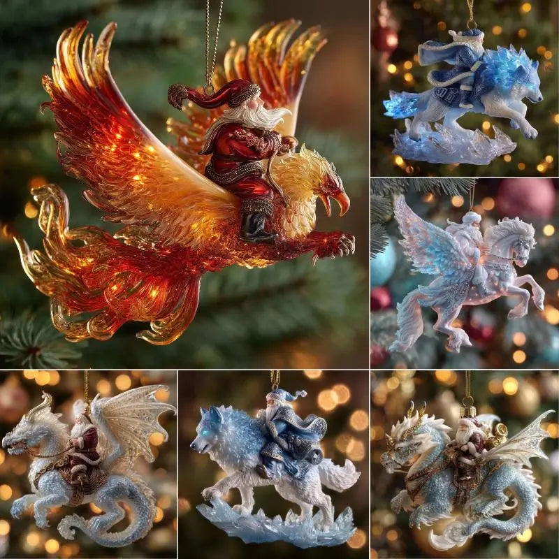 Une décoration de sapin de Noël en acrylique animal translucide orange feu et or, représentant un phœnix, avec une figurine de père Noël qui y chevauche l’animal pour la décoration du sapin de Noël.