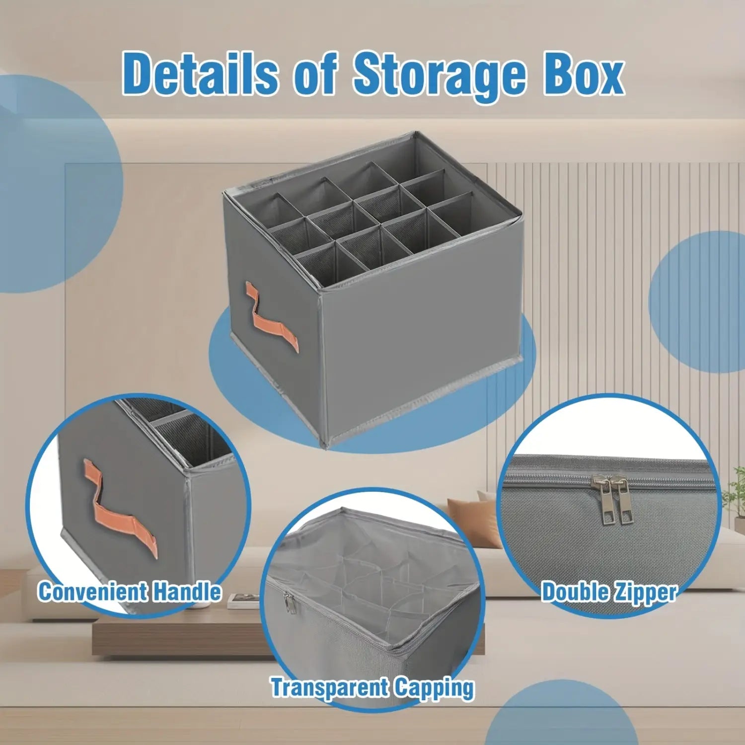 Boîte pliable d’organisateur de rangement pour chaussures en tissu d’oxford gris avec poignée pratique, fermeture à double fermeture éclair et capuchon transparent.