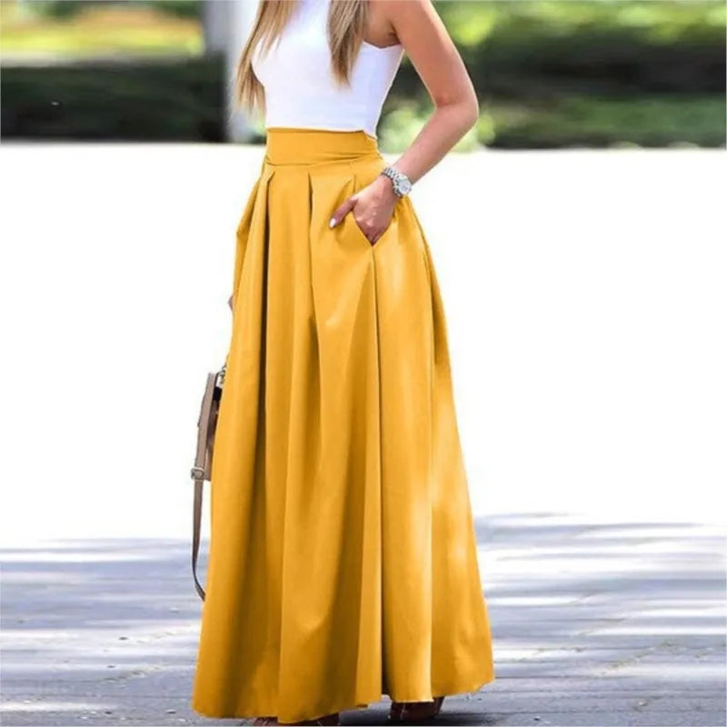 Long Skirts For Women Spring Summer High-waist Solid Color Long Skirt Women's Pocket Commuting A-line Pleated Fashion Long Skirt