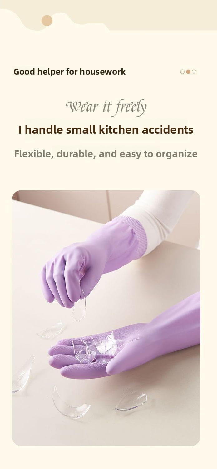 Gants de vaisselle imperméables en caoutchouc violets pour femmes, avec un poignet côtelé, présentés côté arrière