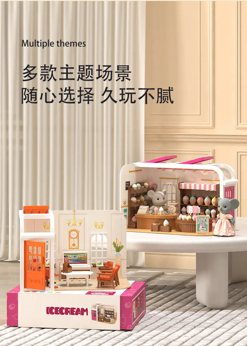 ピンクと白のミニチュアドールハウスのアイスクリームショップで、内装備品が詳細に作り込まれ、ピンクのドレスを着たグレーのネズミの置物が付属（ミニチュアドールハウス家具およびプレイセット玩具）。