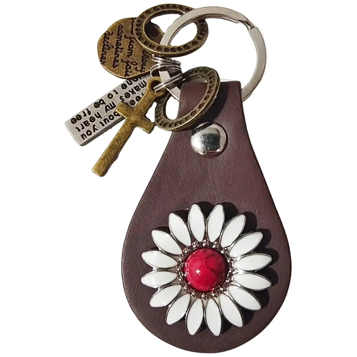 Brown leather keychain featuring a white daisy embellishment with a red center stone and metallic accents designed as a leather turquoise star keychain charm gift.