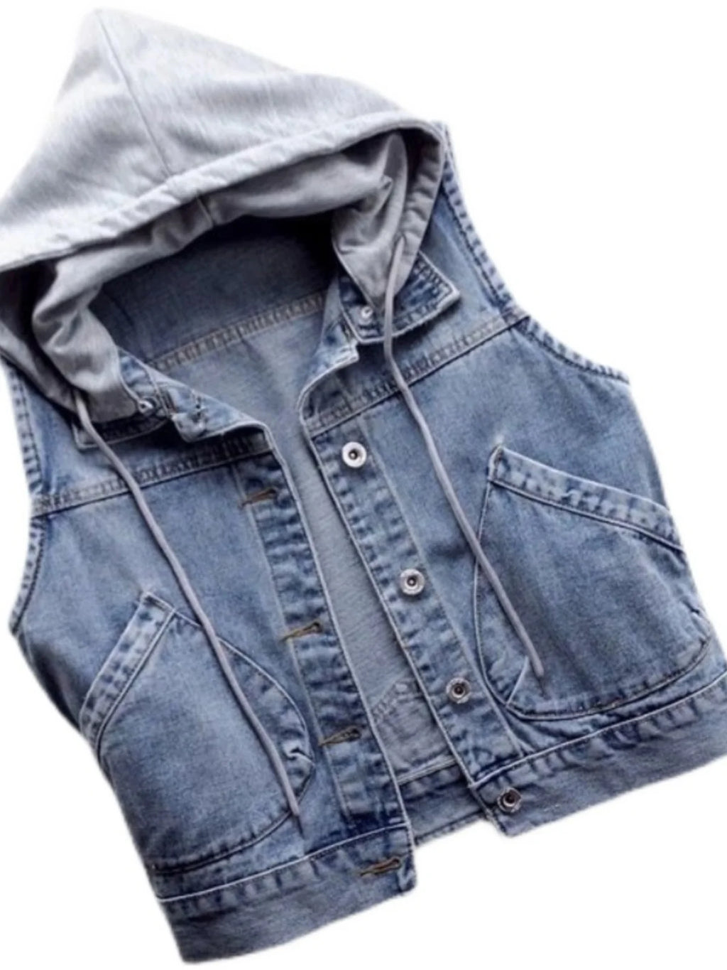 Casual Short Sleeveless Denim Vest Women's Hooded Jacket Casual Loose Fit Button up Pure Color Versatile Summer Outerwear
